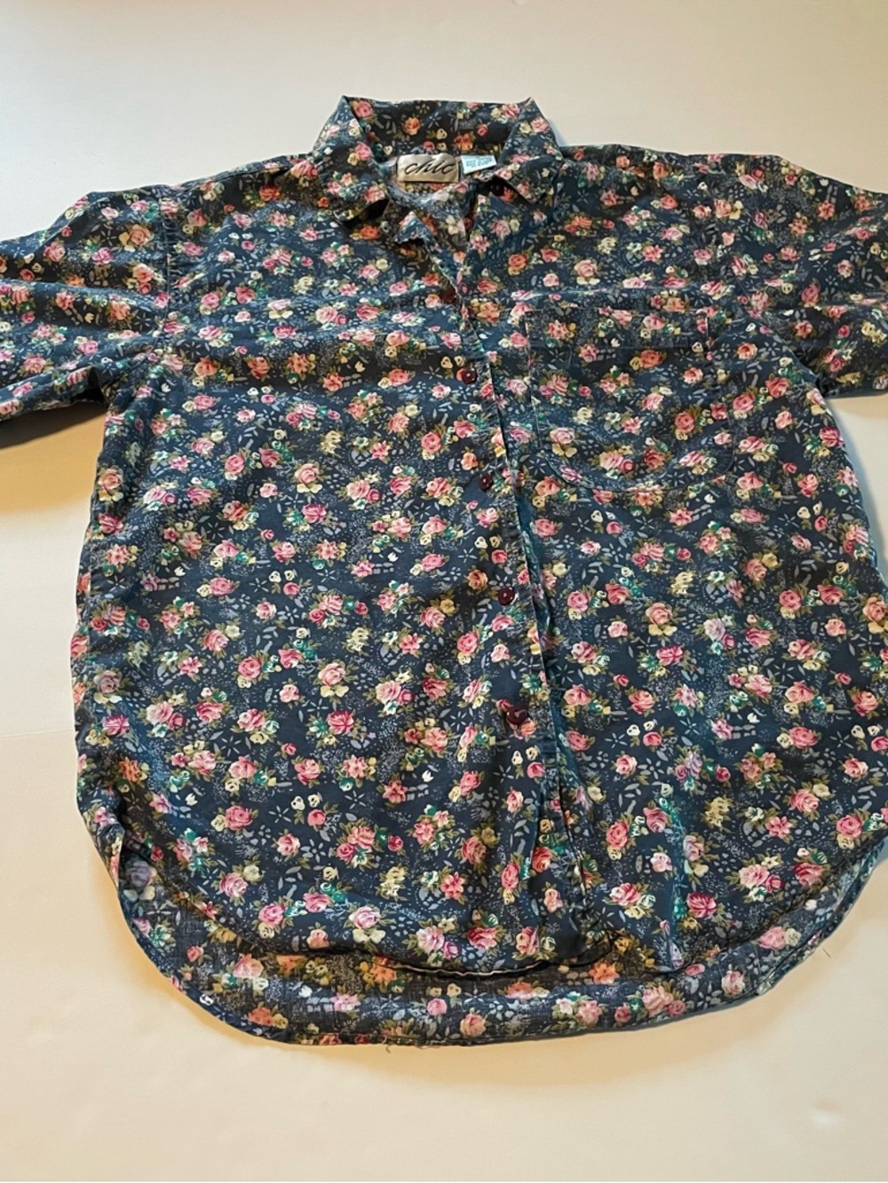 Vintage chic Navy Floral Button-Up Shirt with Pink Roses